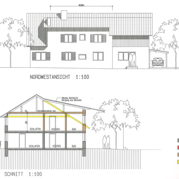 Haus und Baugrund am Waldrand in Göfis - Nordwestansicht und Schnitt - Amann Immobilien