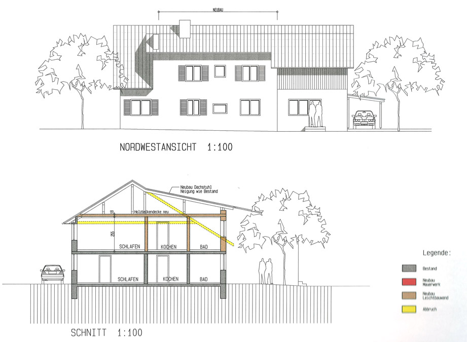 Haus und Baugrund am Waldrand in Göfis - Nordwestansicht und Schnitt - Amann Immobilien