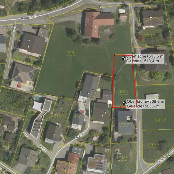 Baugrund in Klaus - Hohlweg - Katasterplan mit Höhenkoten - Amann Immobilien