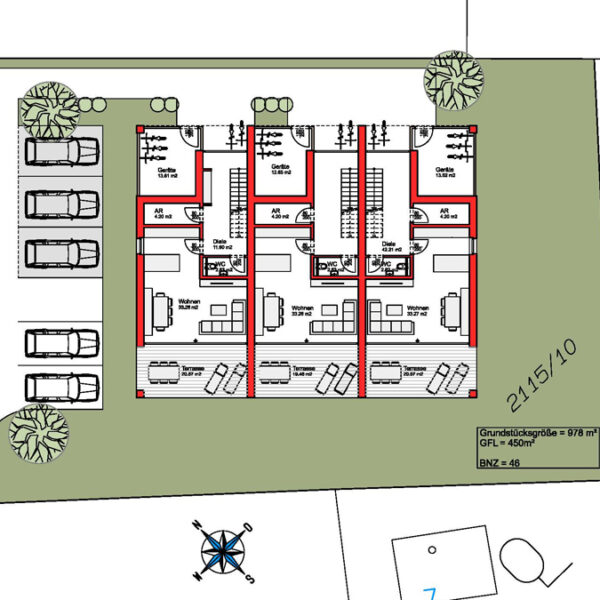 Grundstück in Hohenems mit 977 m2 - beliebig teilbar - Bebauungsstudie 3 Reihenhäuser - Amann Immobilien
