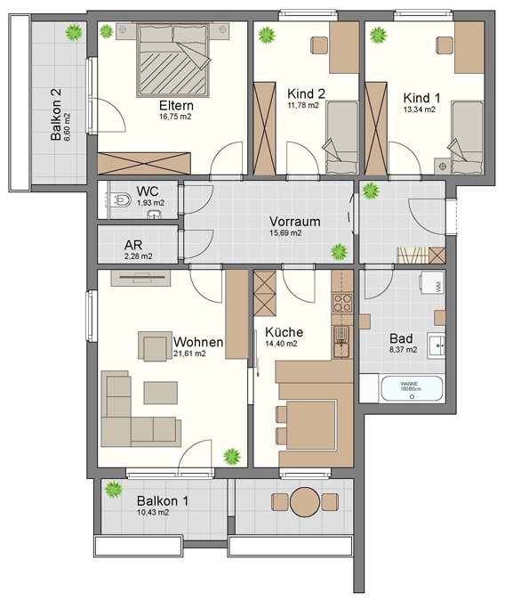 4-Zimmer-Wohnung mit 106 m2 in Sulz - Grundrissplan - Amann Immobilien